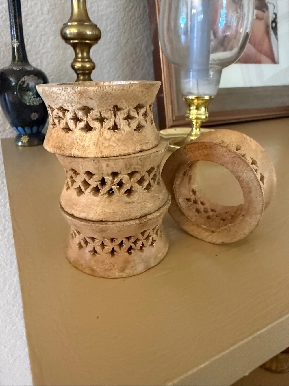 Handcrafted Carved Wooden Napkin Rings - Beige